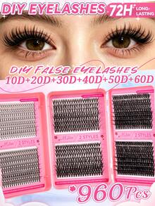 960-Piece Beginner-Friendly D-Curl Lash Set: Mixed 10D–60D (10–16mm) Soft, Lightweight, And Fluffy Cluster Lashes; Includes Glue, Tweezers, And Tools; Suitable For Daily Wear, Dates, Weddings, Parties, Music Festivals, And Halloween Makeup. - Black - View 13