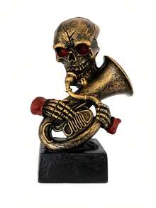 1pc Halloween Skeleton Musician Figurine, 2‑Style Skull Statue Playing French Horn & Cello, Retro Gothic Tabletop Ornament, Spooky Home Decor For Halloween Party Shelf Decoration - Halloween Skull Decor - View 11