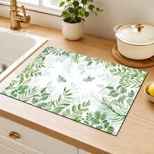 1pc Green Leaf & Butterfly Pattern Kitchen Absorbent Dish Drying Mat, Fresh Natural Style, Suitable For Kitchen Countertop, Coffee Machine, Dining Table And Spring/Summer Home Decor - Multicolor - View 4