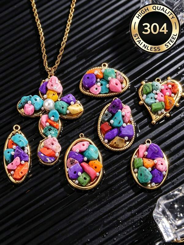 1 Pc Stainless Steel 18K Gold-Plated Cross Heart-Shapedand Oval Pendants With Natural Stone And Pearl Inlays For DIY Necklace Bracelet Jewelry Making