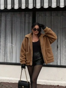 Women's Solid Color Faux Fur Warm Casual Loose Oversized Pocket Jacket, Suitable For Daily Wear, Casual, Commuting, Holidays, Parties, Street Photography - Brown - View 4