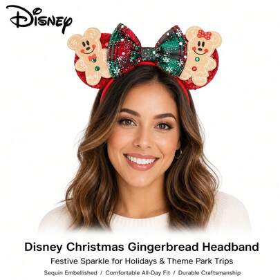 Splendor 1pc Christmas Gingerbread Man Ear Headband, Red & Green Plaid Sequin Bow, Holiday Theme Amusement Park Party Women Hair Accessory Suitable For Travel, Masquerade Ball, Cosplay, Theme Park, Festival Events, Daily Wear, Stage Performance, Music Festival, Carnival, Photography, Party, Banquet, Graduation Prom, Dance Performance