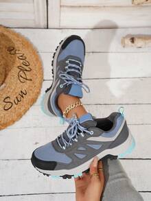 Sepatu Hiking Wanita Modis, Desain Kisi Berlian Blok Warna, Olahraga Luar Ruangan, Sepanjang Musim, Bertali - Royal Blue - View 1