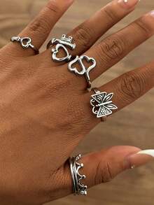 5pcs/Set Hot-Selling Vintage Punk Style Zinc Alloy Rings, Personalized Fashion Heart Butterfly Crown Stackable Ring Set - Silver - View 1