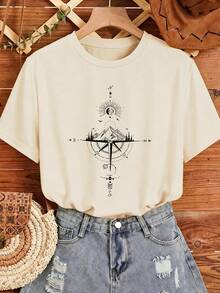 Women's Casual Round Neck T-Shirt With Graphic Print, Comfortable To Wear. - Apricot - View 1