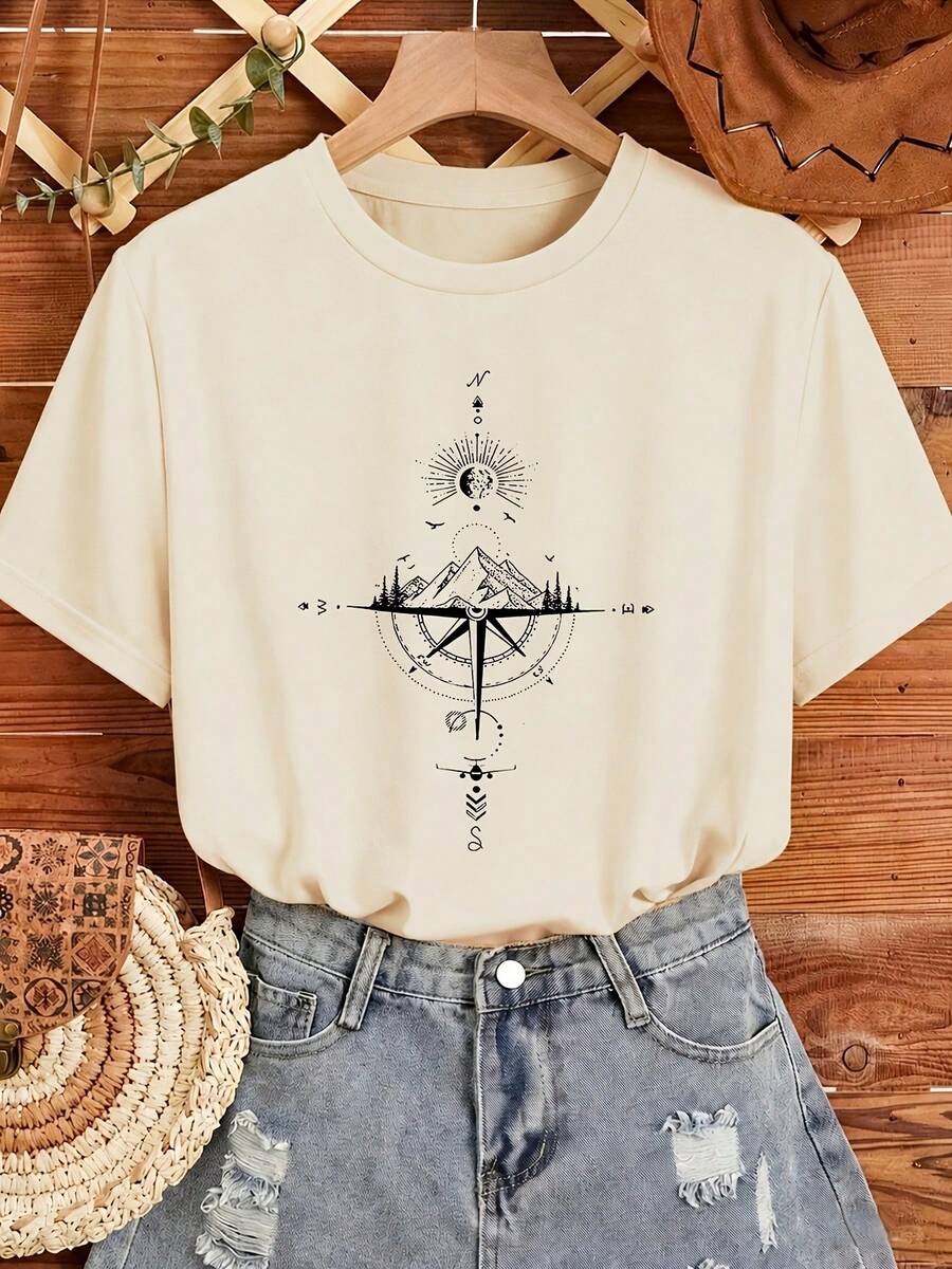 Women's Casual Round Neck T-Shirt With Graphic Print, Comfortable To Wear. - Apricot - View 1