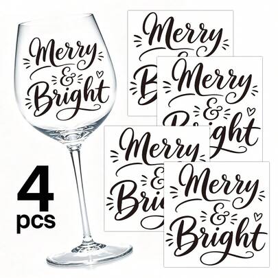 4pcs Merry & Bright Christmas UV Transfer Stickers, Holiday Quote Transfer Stickers For Glass Ceramic Tumbler, DIY Christmas Craft Embellishment, Home Decor, Gift Ornament, Xmas Handmade Project Decoration Supplies