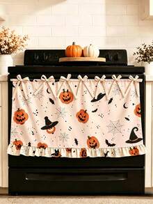 Halloween Theme Oven Curtain, Printed With Ghost, Pumpkin And Black Cat Patterns; Farmhouse Style Kitchen Decor And Cabinet Accessory, Featuring Ruffle Hem And Top Tie Design, Creating A Festive Country Kitchen Atmosphere - Multicolor - View 3