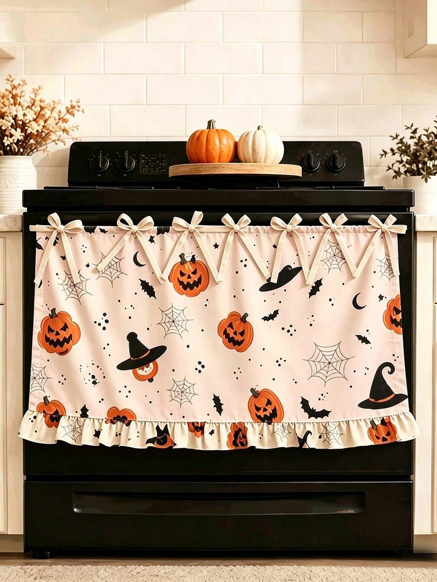Halloween-Themed Oven Curtain With Matching Pumpkin Coasters – Multifunctional Cover & Apron With Ruffles And Ties; Suitable For Stoves, Ovens, And Cooktops – Kitchen Decor And Cabinet Accessory Ideal For Home Decor, Parties, And Holiday Celebrations - Multicolor - View 1