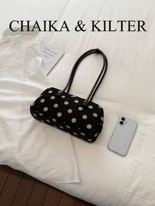 CHAIKA & KILTER 1件裝配色磨砂麂皮布料女款時尚大容量保齡球包 全身波點圖案 雙手柄設計 拉鍊開合 適合日常與街頭使用 - 黑色 - 查看 4