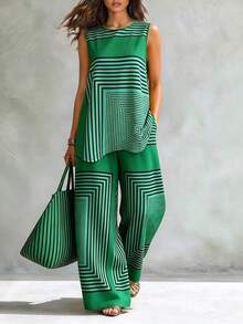 2026 New Green Striped 2-Piece Set, Sleeveless Wide Leg Pants Suit, Geometric Print Matching Set, High Waist Wide Leg Long Pants Suit Summer Elegant - Multicolor - View 5