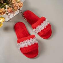 Women's Home Slippers Solid Color Fashion Fabric Lace Patchwork Pearl Strap Indoor Autumn/Winter One-Strap Cotton Slippers - Red - View 5