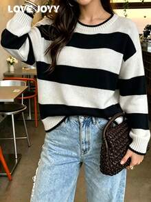 LOVE JOYY Women's Casual Colorblock Striped Crew Neck Knit Sweater, Soft Knit Top, Suitable For Autumn/Winter Daily Wear - Multicolor - View 7