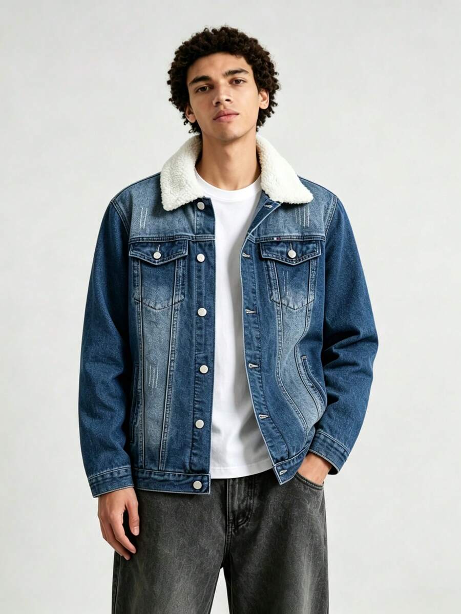 Men's Long Sleeve Retro American Style Denim Jacket, For Fall - Medium Wash - View 1