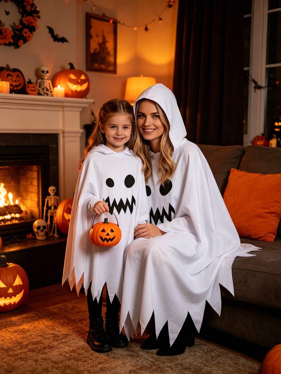 Adult And Children's Halloween Ghost Cape, Scary Face Cloak, Parent-Child Role Play Party Ghost Hooded Shawl - Multicolor - View 1