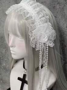 1件白色蕾絲髮夾髮箍 附粉色蝴蝶結緞帶 蘿莉塔側夾 女款時尚 Cosplay 髮飾 - 米色 - 查看 2