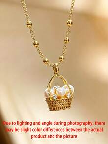 1pc Gold Plated Cubic Zirconia Pearl Flower Basket Pendant Necklace, Exquisite Cute Flower Basket Pendant Chain, Suitable For Women Daily Wear, Office, Party, Birthday - Pearl Flower Basket Necklace - View 8