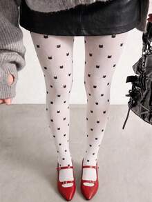 1 paire de collants blancs pour femmes avec imprimé chat noir, collants à motif chat mignon sur toute la surface pour tenues preppy, kawaii & décontractées - Blanc - Voir 9