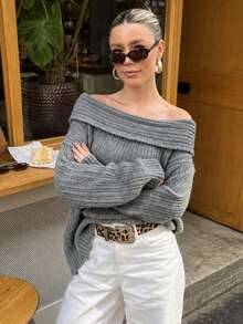 Women's Autumn/Winter Vintage Cold Shoulder Silver Gray Knit Top, Suitable For Daily Wear And Party Occasions. Women's Autumn/Winter First Choice Outfit Suitable For Halloween, Christmas, Daily Commute, Dating, Travel And Various Occasions New Year Beer Festival - Grey - View 5