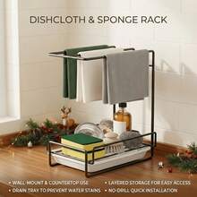1 Set Black Wall-Mounted Countertop Dual-Use Kitchen Cloth Rack, Sink Drip Tray, Cloth/Towel Storage Organizer With Drip Tray, Home Storage Organization Accessory - Black - View 8
