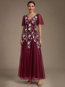 EVERPRETTY 秋季奢華女款玫瑰圖案亮片正式晚禮服，V領酒紅色婚禮賓客短袖慶典洋裝 - 酒紅色 - 查看 8