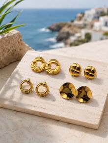 Women's Gold Stainless Steel Earring Set, Geometric Hoop Earrings And Studs, Vintage Personalized Jewelry, Suitable For Daily Wear And Parties - Gold - View 8