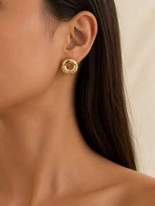 Women's Gold Stainless Steel Earring Set, Geometric Hoop Earrings And Studs, Vintage Personalized Jewelry, Suitable For Daily Wear And Parties - Gold - View 11