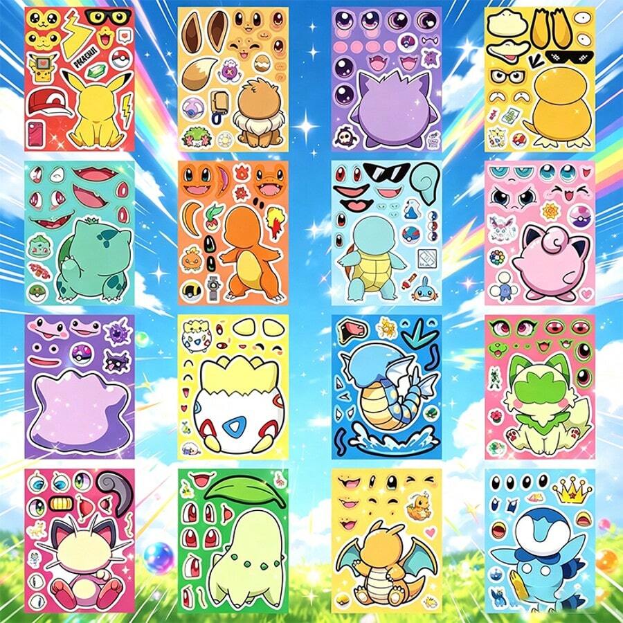 8PCS/16pcs Face‑Changing Stickers, Fun Educational Cartoon Decals, Creative DIY Decor Stickers For Journal, Water Bottle, Notebook, Skateboard, Craft Supplies, Halloween Christmas Party Favors - Multicolor - View 1