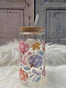 Colorful Pumpkin Bow Maple Leaf Can-Shaped Glass Straw Cup, Bamboo Sealed Lid With Glass Straw, Ins Home Cold Drink Coffee Large Capacity Water Cup - Multicolor - View 2