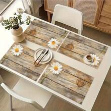 1/4/6pcs Autumn Series Daisy Heart Wood Grain Pattern Printed Placemats, Heat-Resistant Table Mat For Home Kitchen/Dining Table Protection, Kitchen Table Party Scene Decoration - Multicolor - View 8