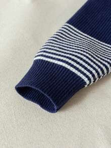 Boys' Preppy Color-Block Striped Stand Collar Knit Cardigan Sweater, Suitable For School Daily Wear In Spring, Autumn And Winter - Navy Blue - View 7
