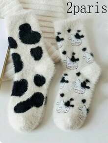 1/2/4/6 Pairs Cute Cow Print Plush Socks, Unisex - Warm Comfortable Fuzzy Non-Slip Floor Sleep Slippers Socks, Fun Animal Gift - White - View 4