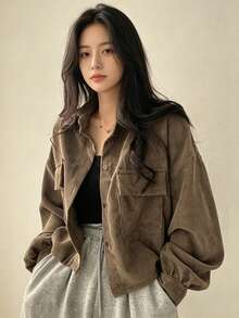 YUXIN Women's Autumn Vintage Short Corduroy Jacket, Lapel Button-Up Cardigan, Multi-Functional Practical Pockets, Drawstring Adjustable Hem, Casual Loose Fit, Elegant Everyday Top - Khaki - View 2