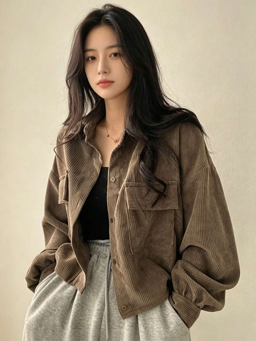 YUXIN Women's Autumn Vintage Short Corduroy Jacket, Lapel Button-Up Cardigan, Multi-Functional Practical Pockets, Drawstring Adjustable Hem, Casual Loose Fit, Elegant Everyday Top