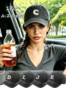 1pc Fashion Black 26 Letter Patch Minimalist Duck Bill Cap, Curved Brim Dad Hat, Outdoor Adjustable All-Season Face-Slimming Versatile Baseball Cap - Black - View 1