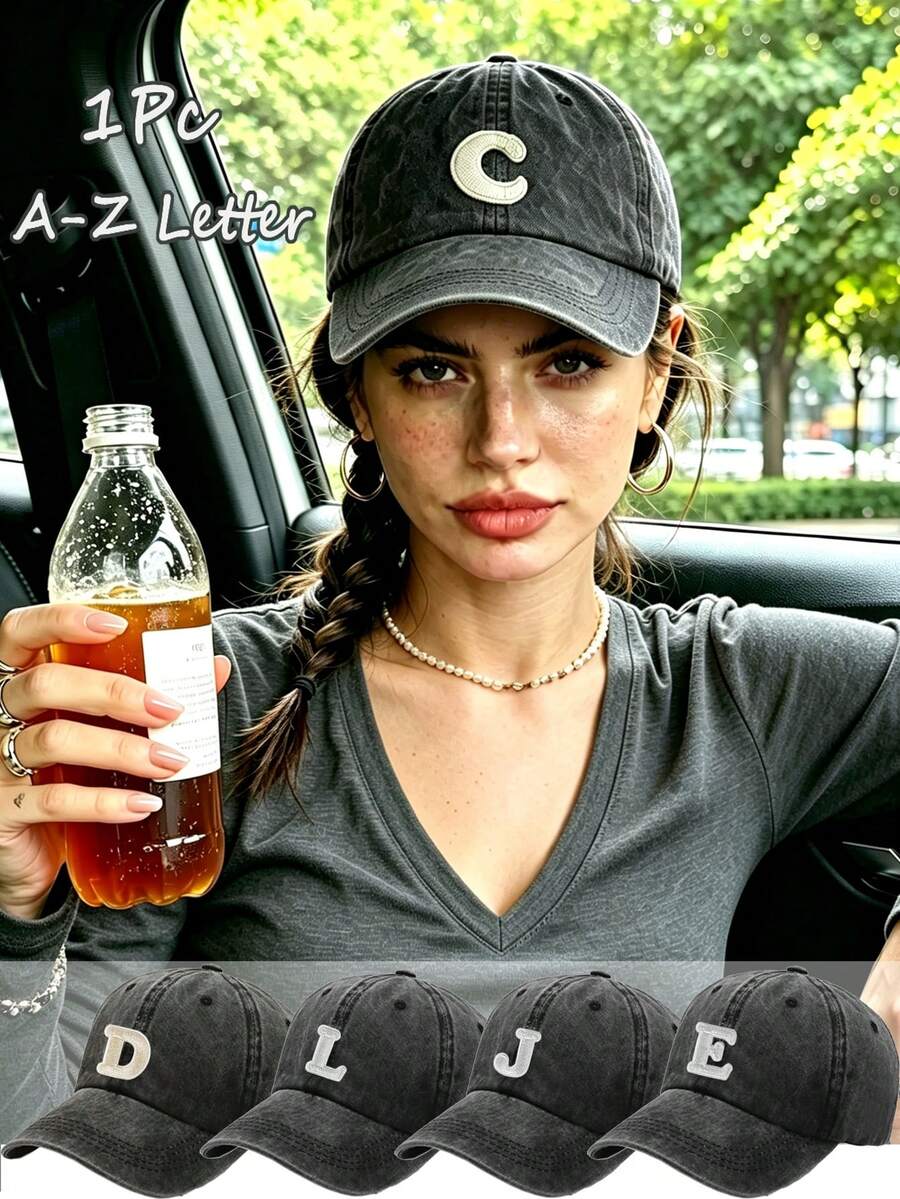 1pc Fashion Black 26 Letter Patch Minimalist Duck Bill Cap, Curved Brim Dad Hat, Outdoor Adjustable All-Season Face-Slimming Versatile Baseball Cap - Black - View 1