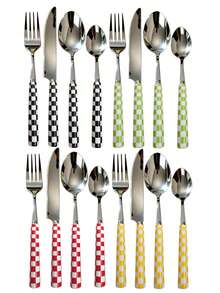 4/24pcs Unique Checkered Pattern Stainless Steel Tableware Set, Beautiful And Elegant Porcelain, Multiple Colors, Including Ceramic Handle Silverware, Creative Kitchen, Including Forks, Table Knife, Spoons, Dessert Spoon, Suitable For Daily Dining - Multicolor - View 13
