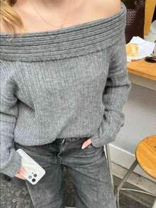 Women's Autumn/Winter Vintage Cold Shoulder Silver Gray Knit Top, Suitable For Daily Wear And Party Occasions. Women's Autumn/Winter First Choice Outfit Suitable For Halloween, Christmas, Daily Commute, Dating, Travel And Various Occasions New Year Beer Festival - Grey - View 4