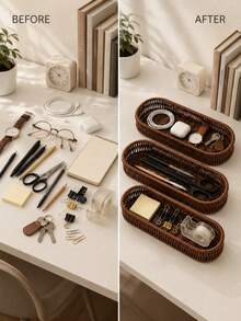 1pc Woven Rattan Storage Tray Basket, Aesthetic Home Storage Box, Suitable For Kitchen, Bathroom, Vanity, Bedroom And Office, Rectangular Desktop Organizer, Can Hold Tableware, Cosmetics, Jewelry, Snacks, Tea Bags, Keys And Daily Essentials, Autumn Winter Home Decor - Brown - View 3