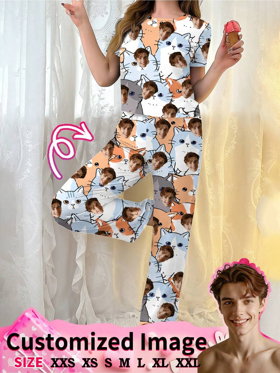 2pcs Customized Face Photo And Heart Pattern Women's Pajama Set - Personalized Romantic Gift For Valentine's Day, Birthday, Daily Home Wear, Short Sleeve Round Neck Top And Pants, Women's Set, Women's Summer Set - Black - View 1