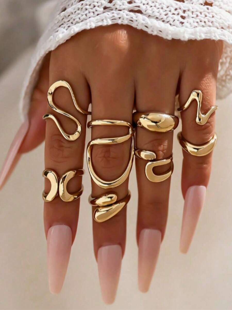 8pcs Punk Style Ring Set, Unique Fashion Heart Butterfly Crown Stackable Rings, Jewelry Accessories Gift - Gold - View 1