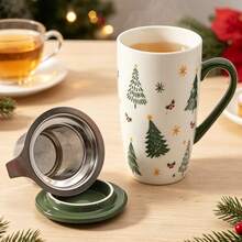 1 buah Cangkir Teh Keramik Motif Pohon Natal 490ml/16.5oz dengan Saringan Teh dan Tutup. Aman untuk Microwave dan Mesin Pencuci Piring. Cangkir Minum Keramik. Cocok untuk Teh Daun Lepas, Kopi, dan Minuman Panas. Ideal untuk Penggunaan Sehari-hari. Hadiah Natal yang Sempurna - MultiWarna - View 9