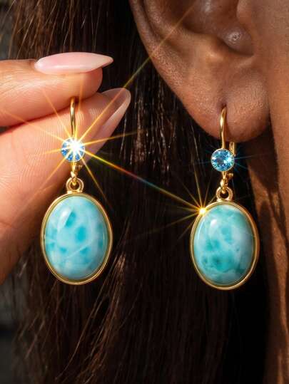 Oval Larimar Dangle Hoop Earrings, Gold Hook Drop Earrings With Sky Blue Topaz Accent, Tropical Ocean Blue Gem Statement Earrings, Beach Boho Vacation