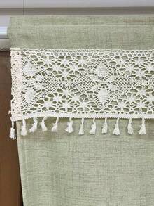 1pc Boho Style Linen Door Curtain With Lace Valance - Exquisite Floral Crocheted Lace Valance, Farmhouse Style Linen Room Divider Curtain For Bathroom Laundry Kitchen Bedroom Entrance - Green - View 3