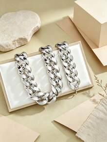 2pcs/Set Chunky Jewelry Minimalist Metal Collarbone Chain Fashion Versatile Silver Chain Thick Necklace Vintage Women's Jewelry Necklace Suitable For Daily Wear, Shopping, Photography, Party And Gathering - Silver - View 3