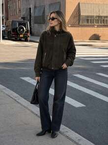 Women's Autumn Long Sleeve Suede Stand Collar Loose Jacket Fashion Style - Brown - View 6