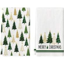 2PCS Green Gold Christmas Kitchen Towels, Assorted Xmas Tree Merry Christmas Print Dish Towels, Festive Winter Holiday Home Decor Hand Tea Towels For Kitchen - Green - View 9