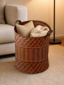 2D Flat Print Brown Tone Colorblock Woven Rattan Texture Foldable Laundry Basket, With Laundry Clips, Household Clothing Storage Bin, Breathable Fabric Dirty Clothes Basket, Bedding Clips, Suitable For Bathroom And Bedroom - Multicolor - View 5