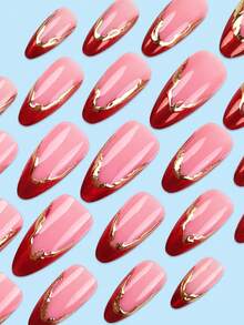 24PCS Medium Almond Handmade Press On Nails Nude Base Red Metallic Tips 3D Gold Liquid Metal Outline Glossy Luxury False Nails Nail Kit With Jelly Tabs - Red - View 3