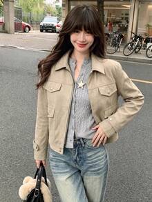 女款素色休閒百搭日常穿著長袖夾克 - 卡其色 - 查看 1